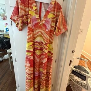 Andrea Iyamah Red, Pink, Yellow Wave-Print Midi Dress